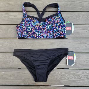 TYR Womens Carnivale Lily  Bikini Top Multicolor &  Black Bottom Size 8 NWT